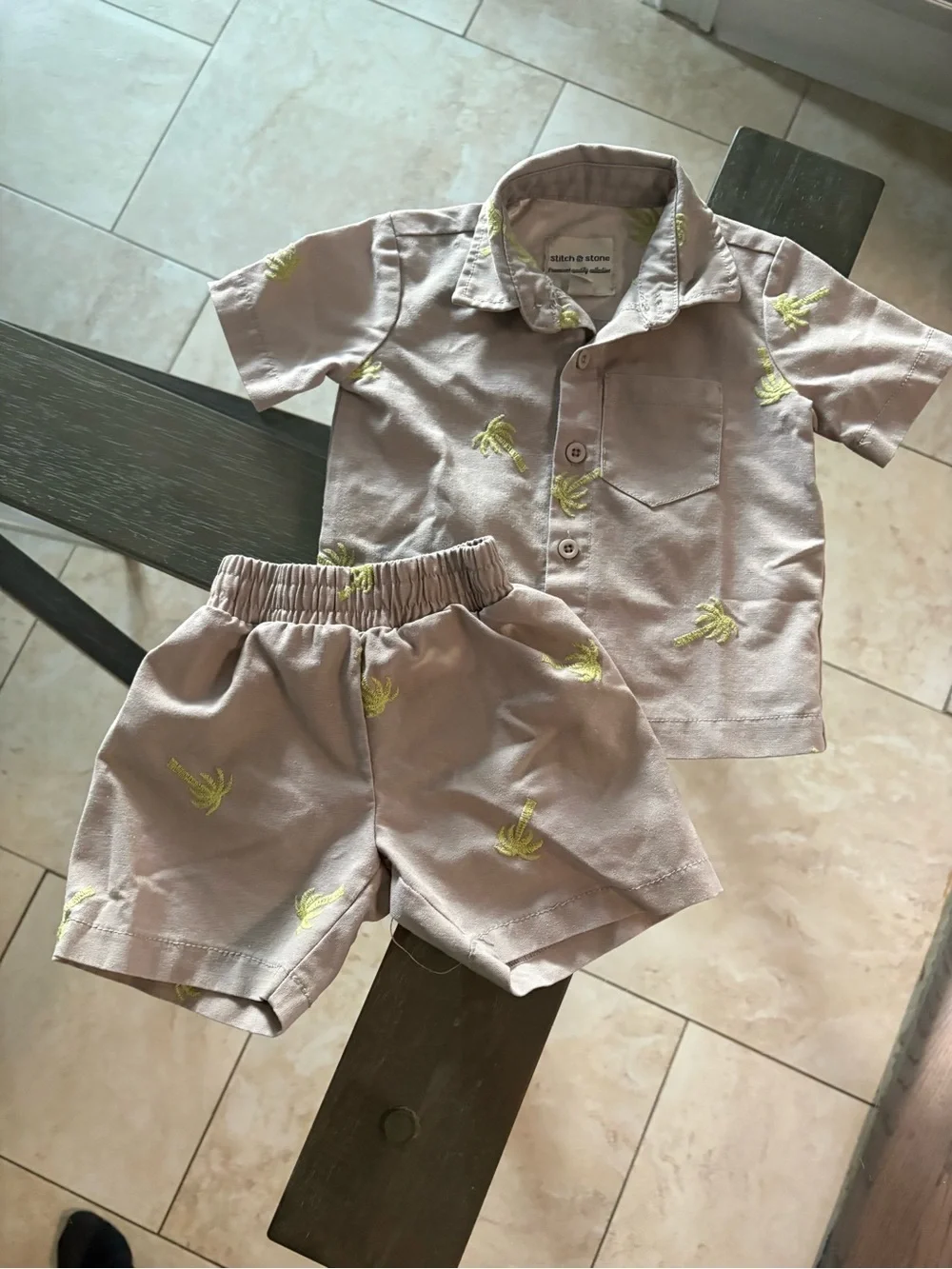 Light Taupe Palm-Embroidered Kids Matching Set